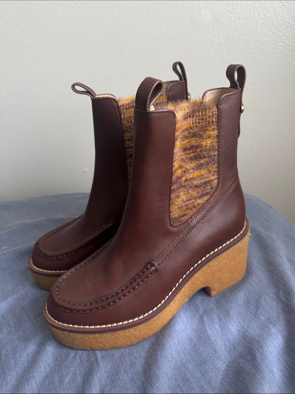 Coach Delaney Chelsea Boots Brown Leather Platform with Knit Panel